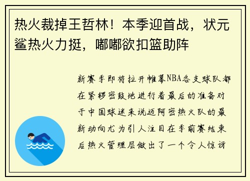 热火裁掉王哲林！本季迎首战，状元鲨热火力挺，嘟嘟欲扣篮助阵